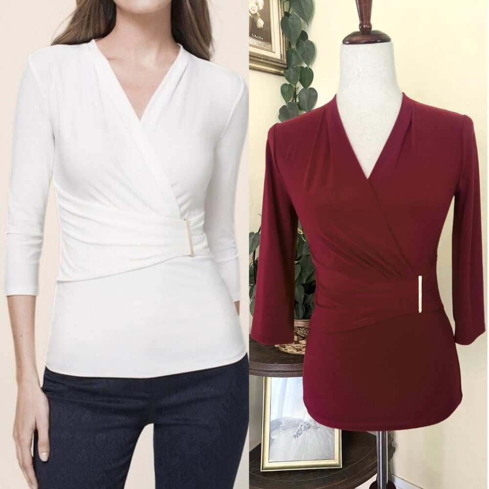 White House Black Market Burgundy Surplice Top w/ Hardware sz XXS NEW
